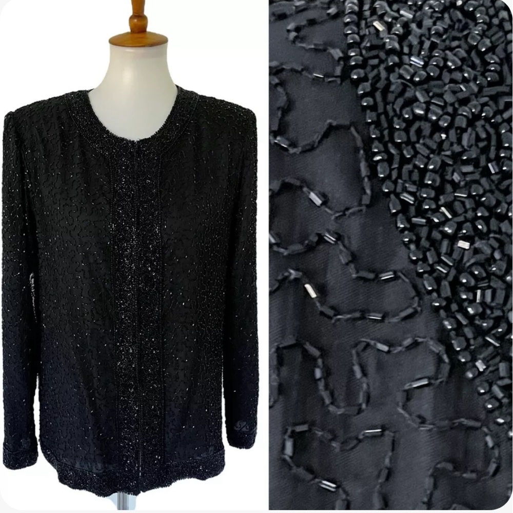 Vintage Womens Beaded Evening Jacket Size S‎ 100% Silk Black Formal Glam Luxe